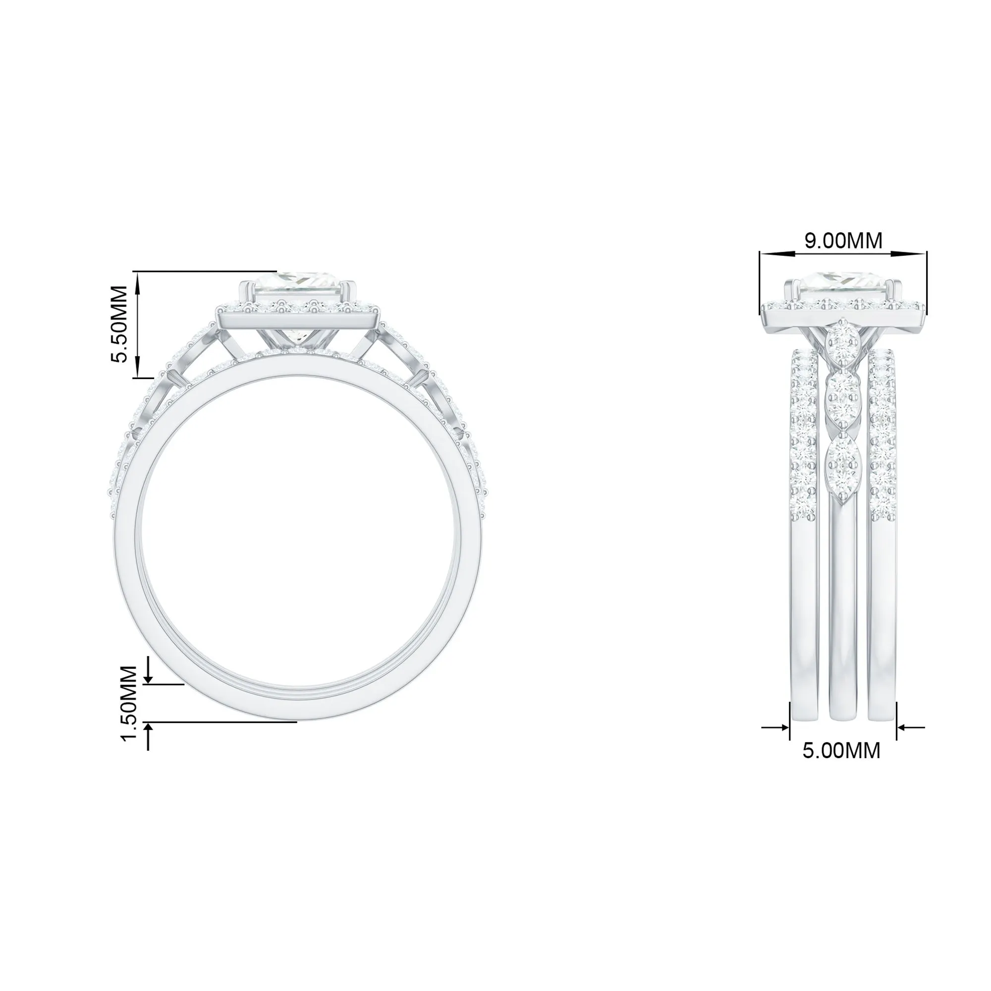 Princess Cut Moissanite Halo Bridal Ring Set