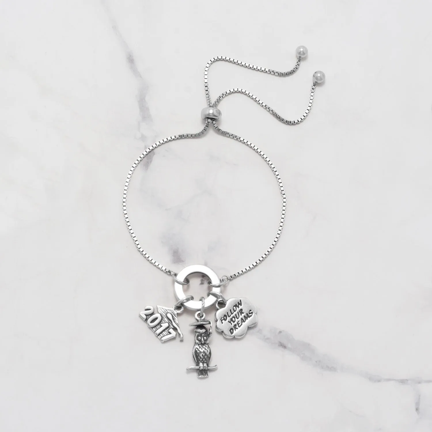 Rhodium Plated Adjustable Circle Hinge Charm Capable Bolo Bracelet