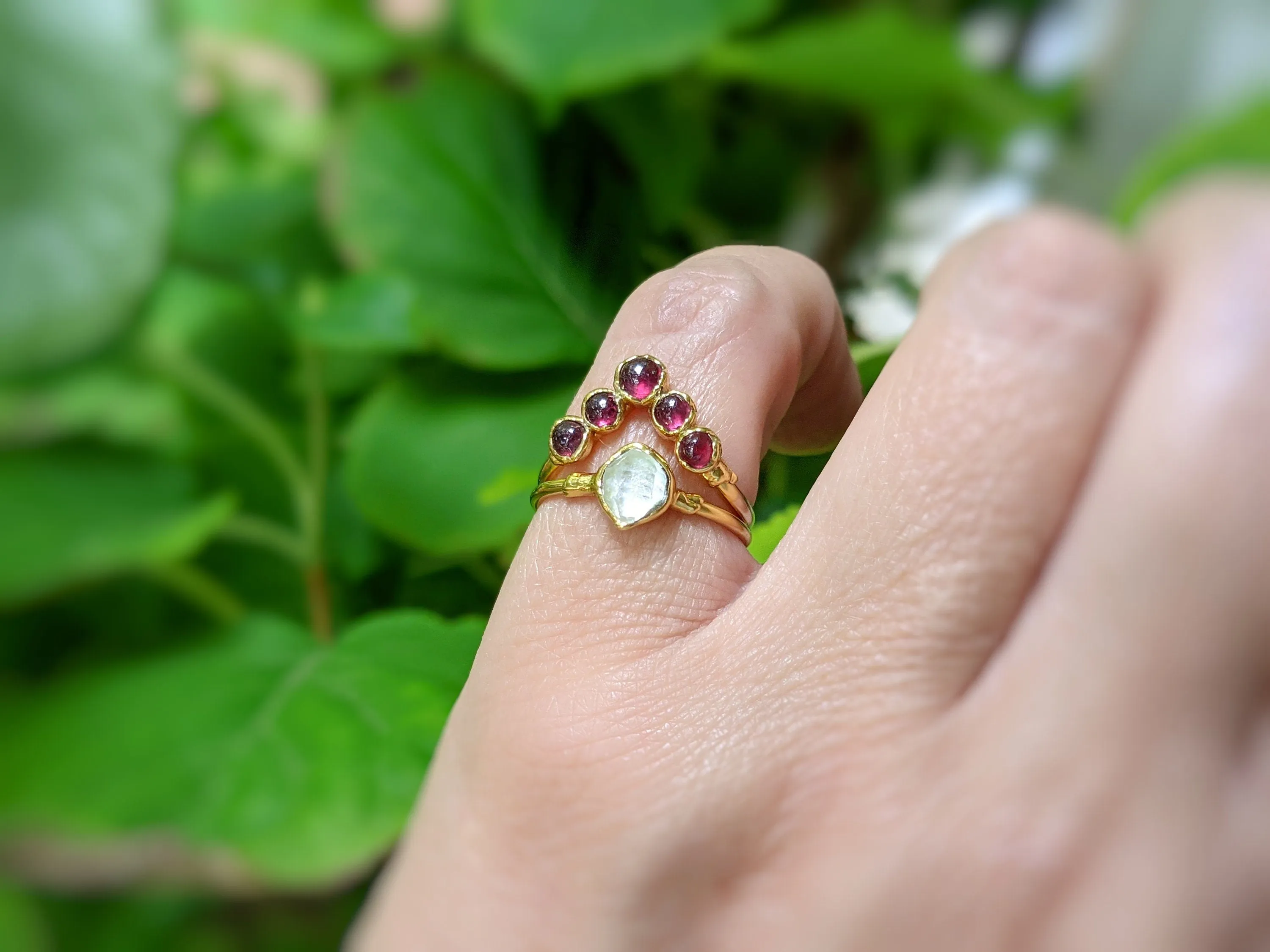 Ruby and Herkimer diamond Chevron wedding ring set