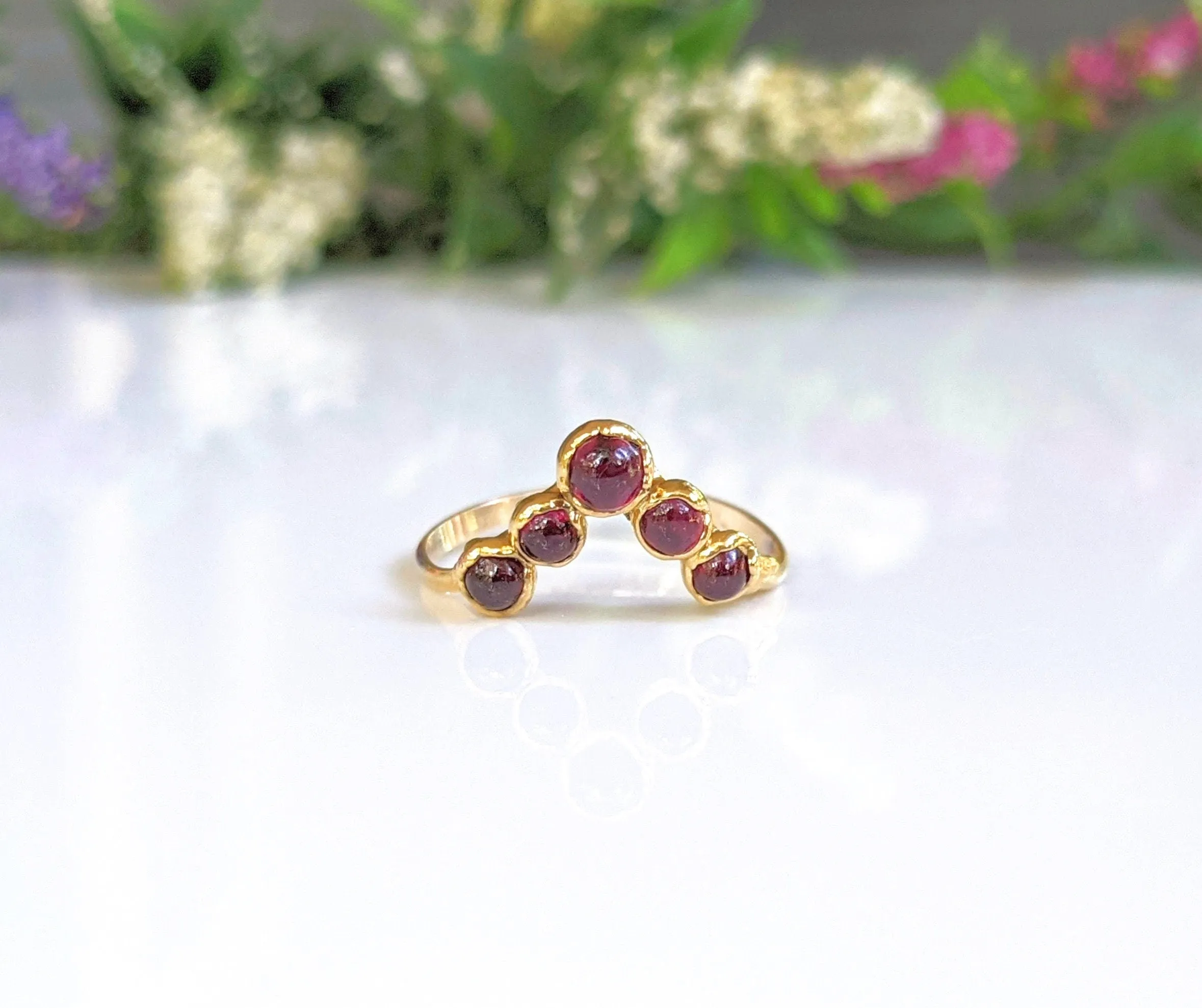 Ruby and Herkimer diamond Chevron wedding ring set