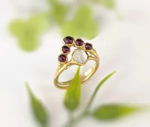 Ruby and Herkimer diamond Chevron wedding ring set