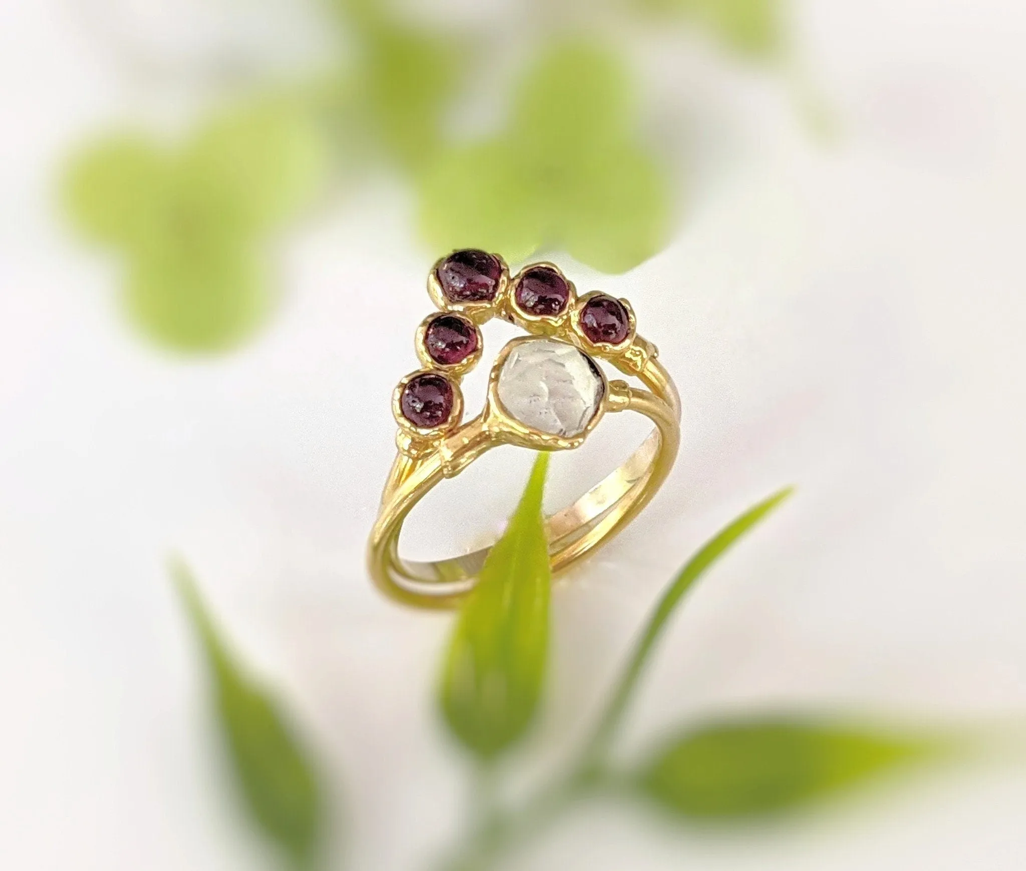 Ruby and Herkimer diamond Chevron wedding ring set