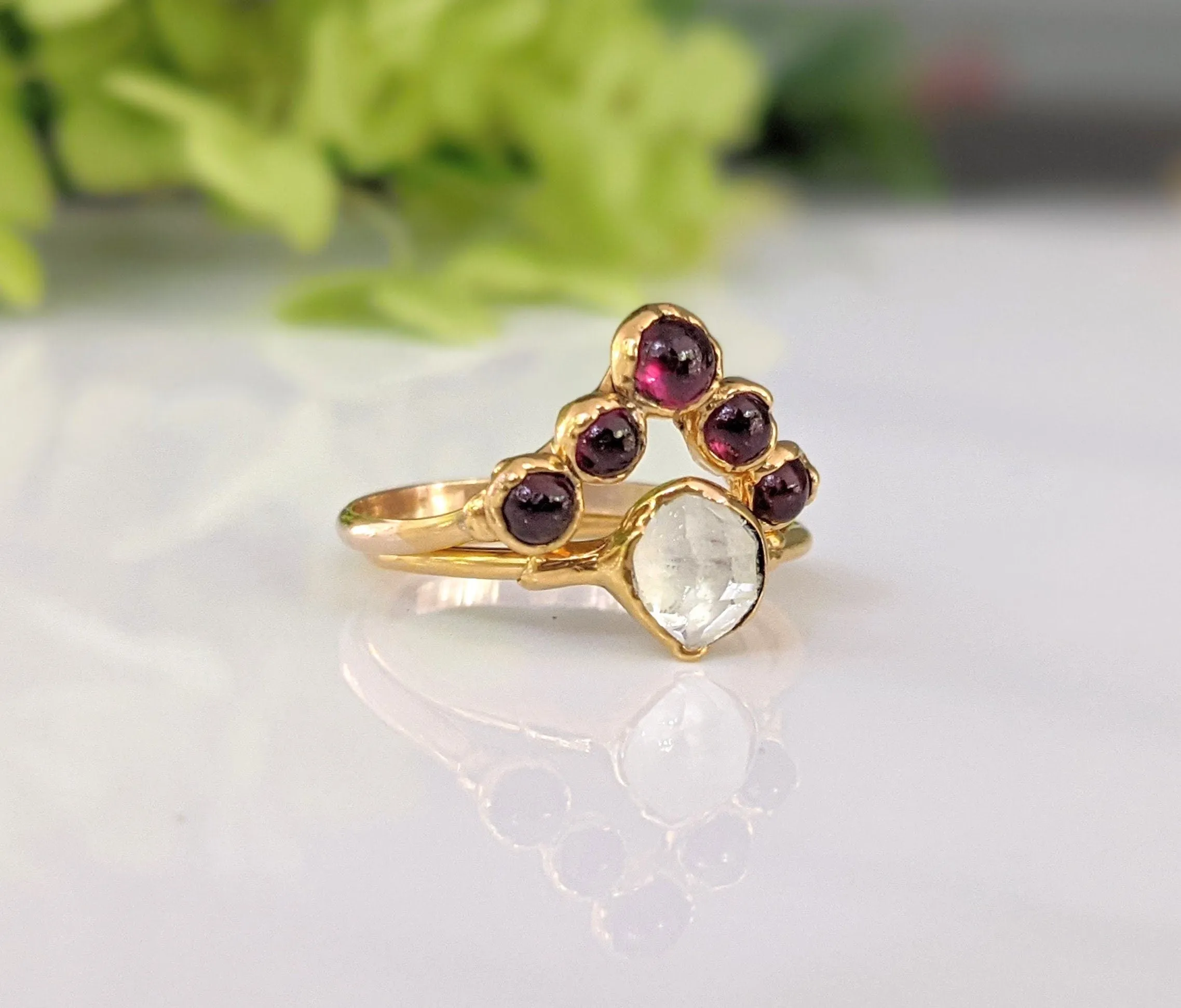 Ruby and Herkimer diamond Chevron wedding ring set