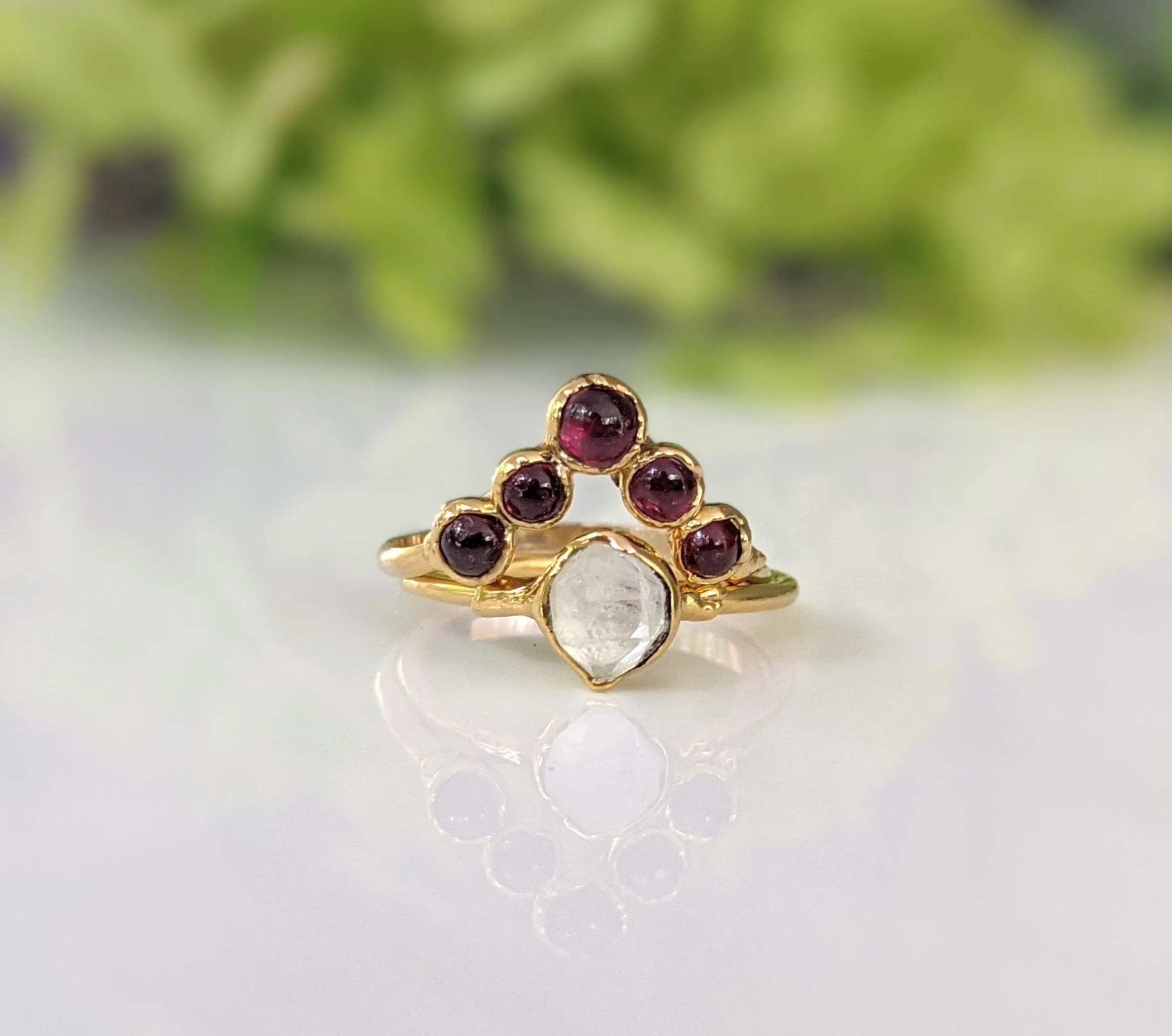 Ruby and Herkimer diamond Chevron wedding ring set