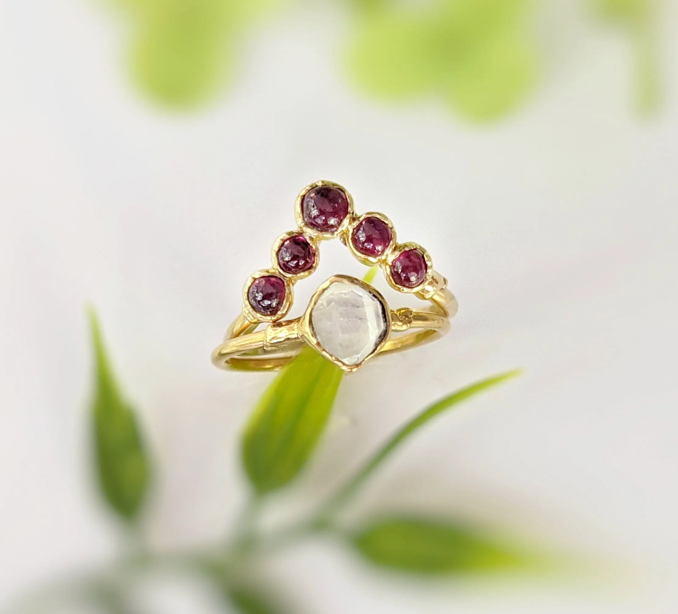 Ruby and Herkimer diamond Chevron wedding ring set