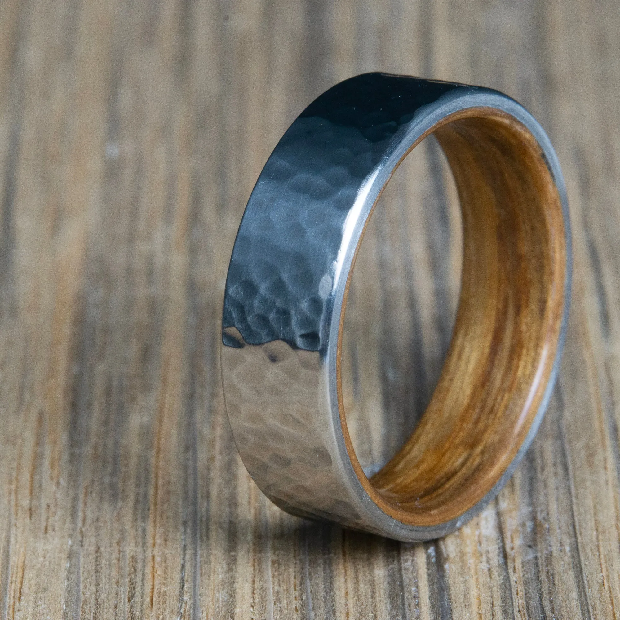 Rustic Barnwood wooden ring with Hammered Titanium