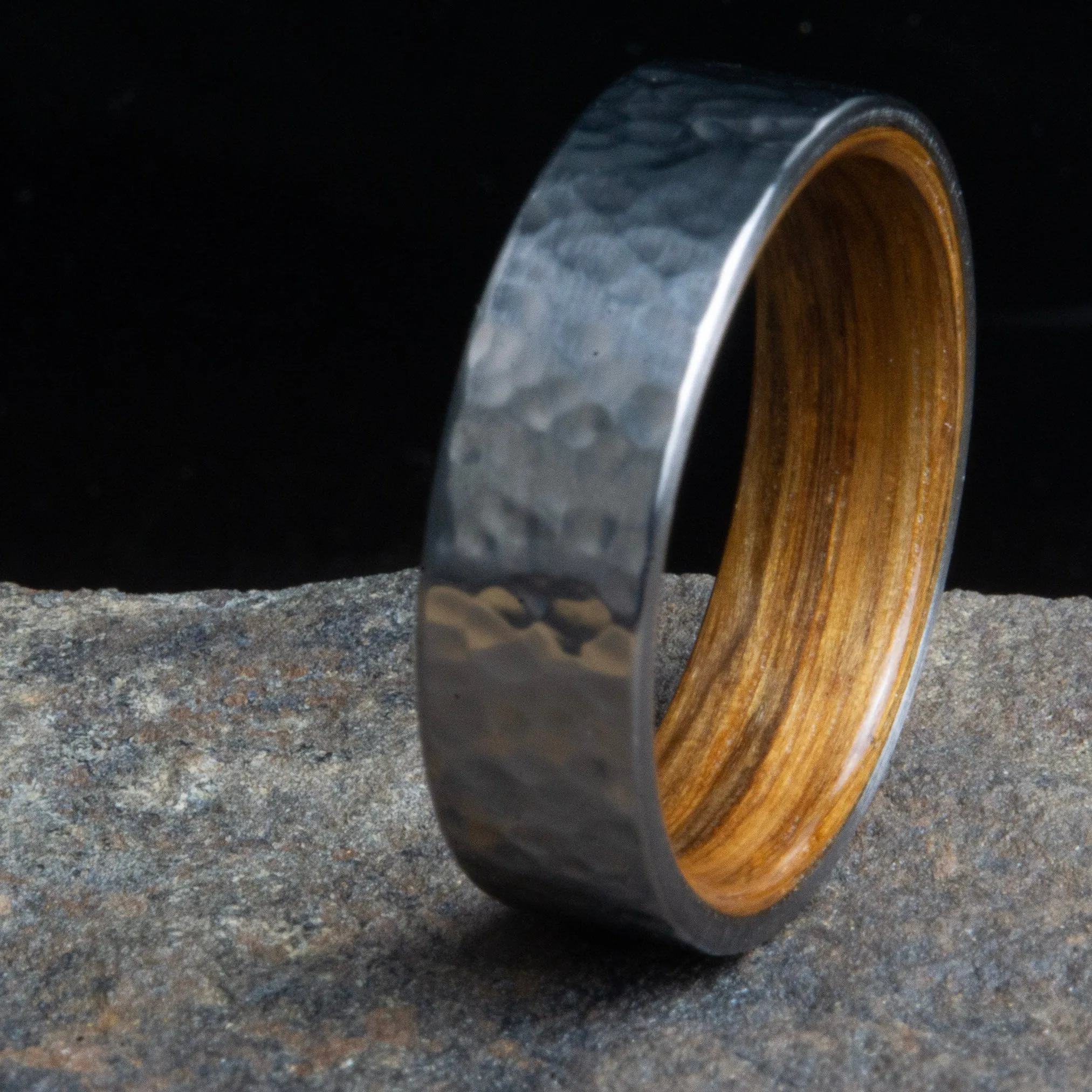 Rustic Barnwood wooden ring with Hammered Titanium