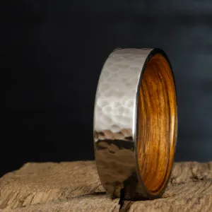 Rustic Barnwood wooden ring with Hammered Titanium