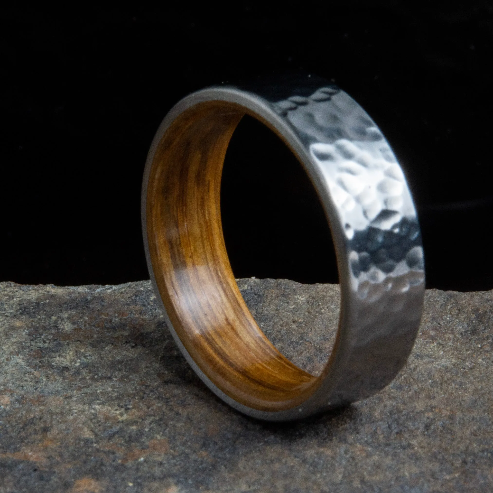 Rustic Barnwood wooden ring with Hammered Titanium