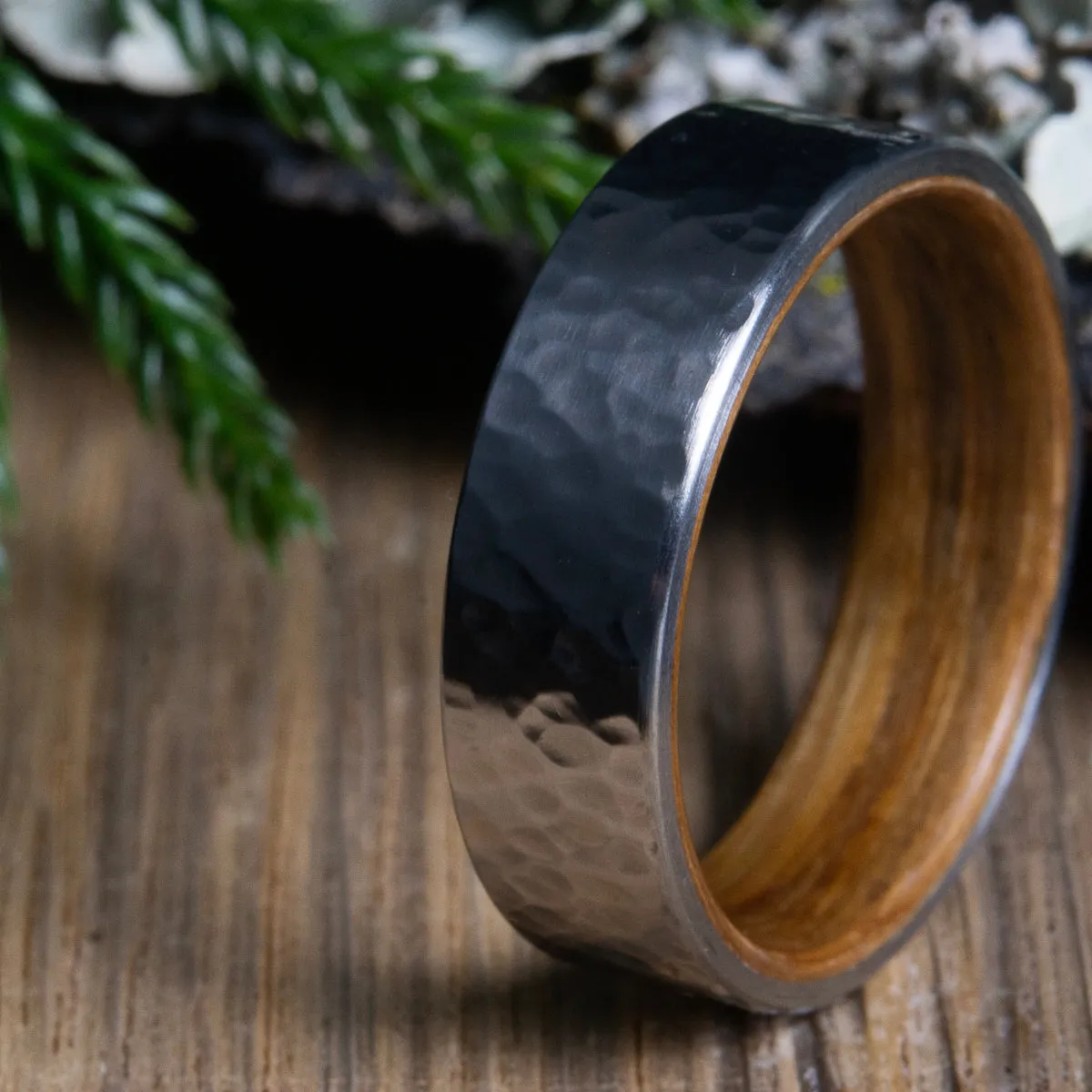 Rustic Barnwood wooden ring with Hammered Titanium