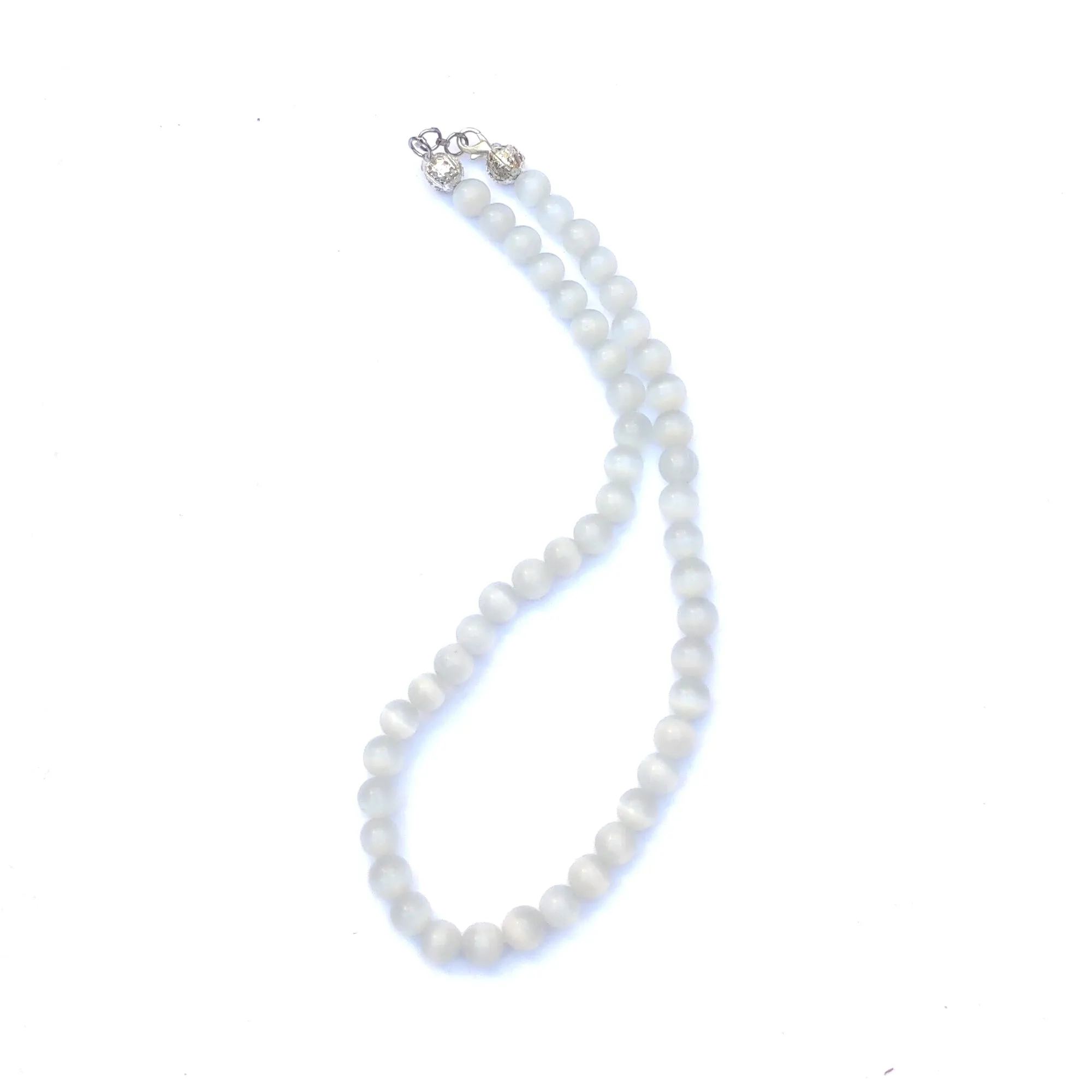 Selenite Crystal Round Beads Necklace 15 Inches, 8mm Beads (Semi-Precious Mala)