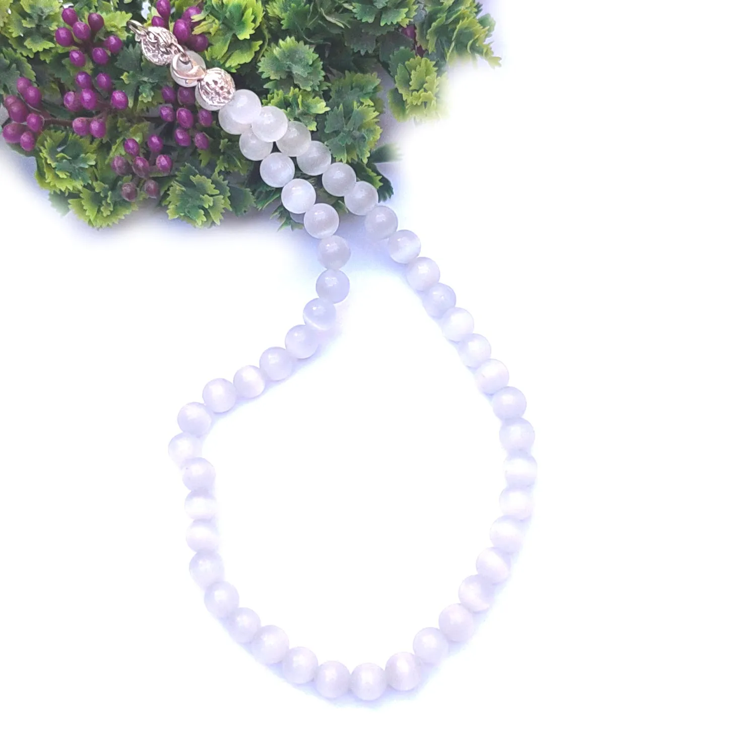 Selenite Crystal Round Beads Necklace 15 Inches, 8mm Beads (Semi-Precious Mala)
