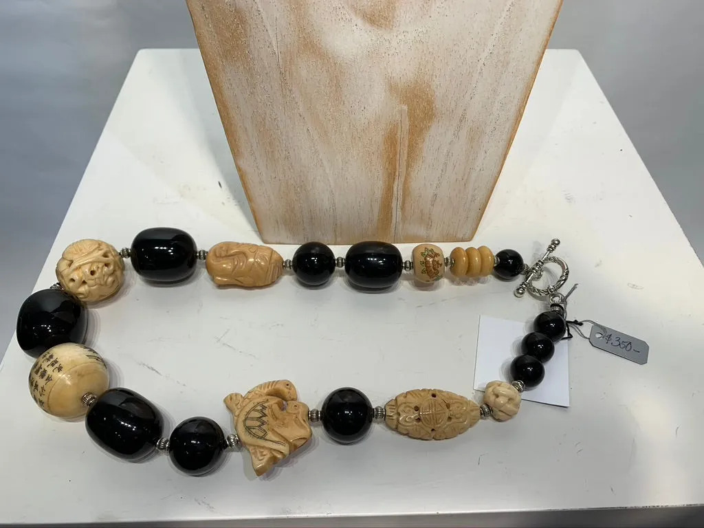 Semi Precious Onyx and Wood One of a Kind Necklace Made in California.