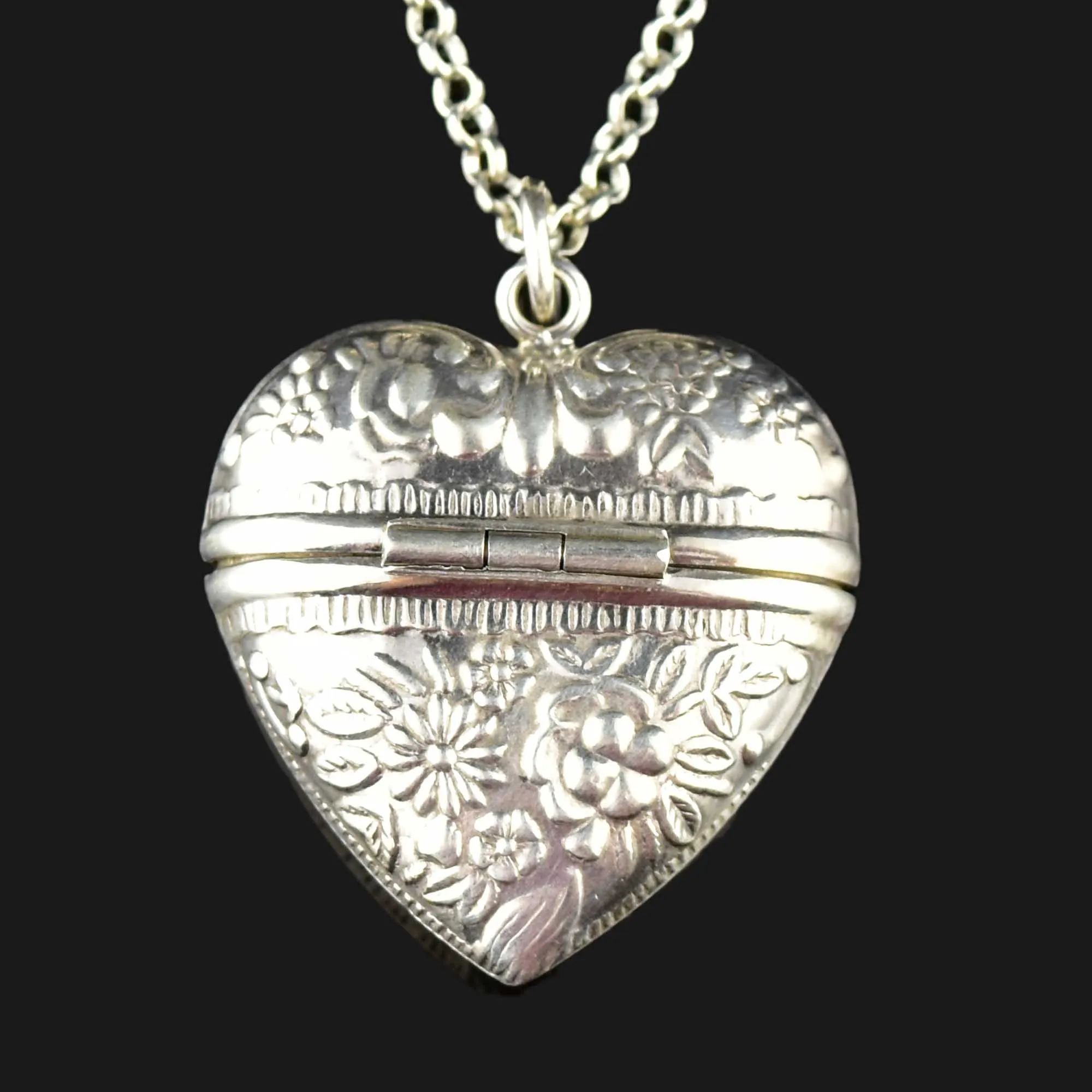 Silver Repousse Sweetheart Heart Locket Pendant Necklace