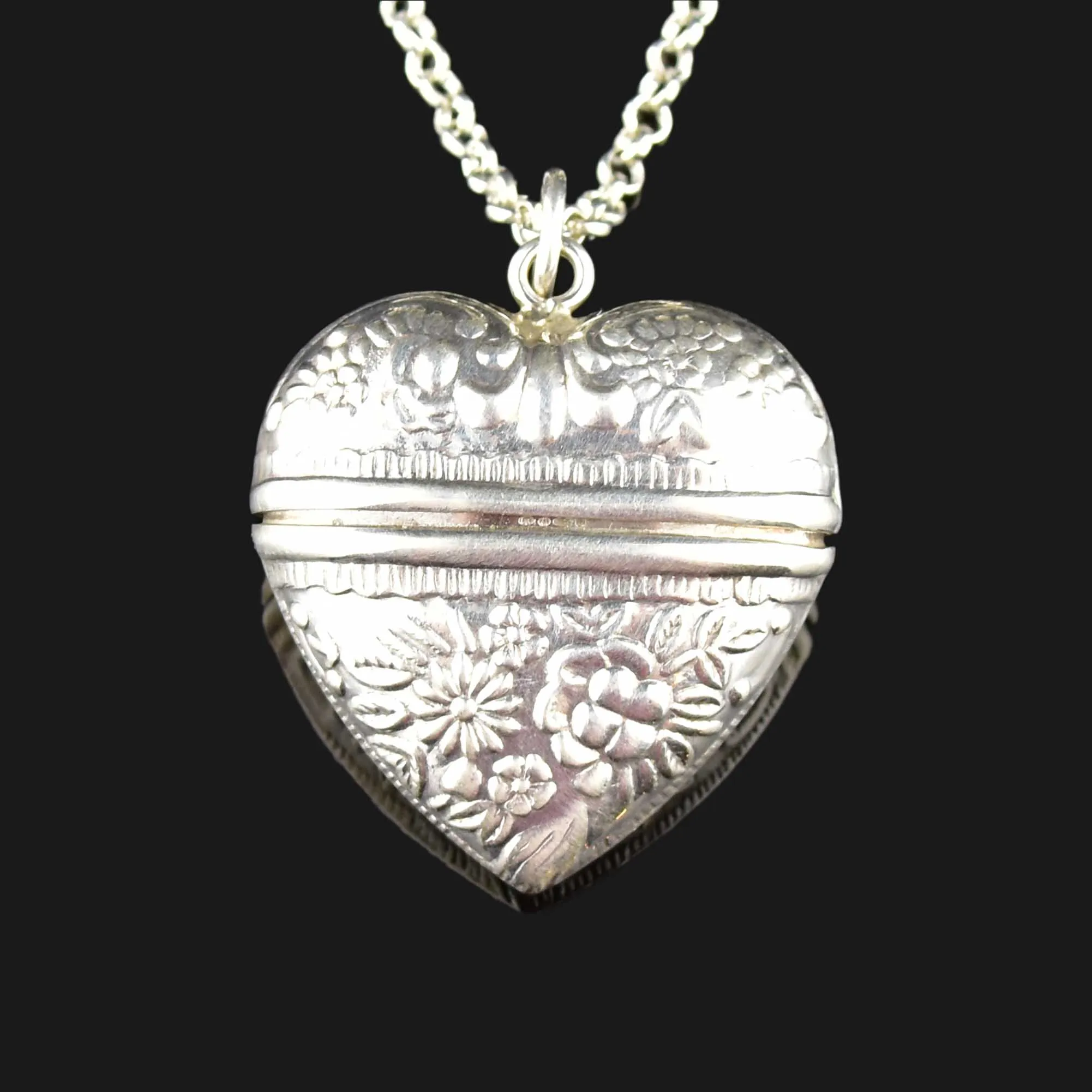 Silver Repousse Sweetheart Heart Locket Pendant Necklace