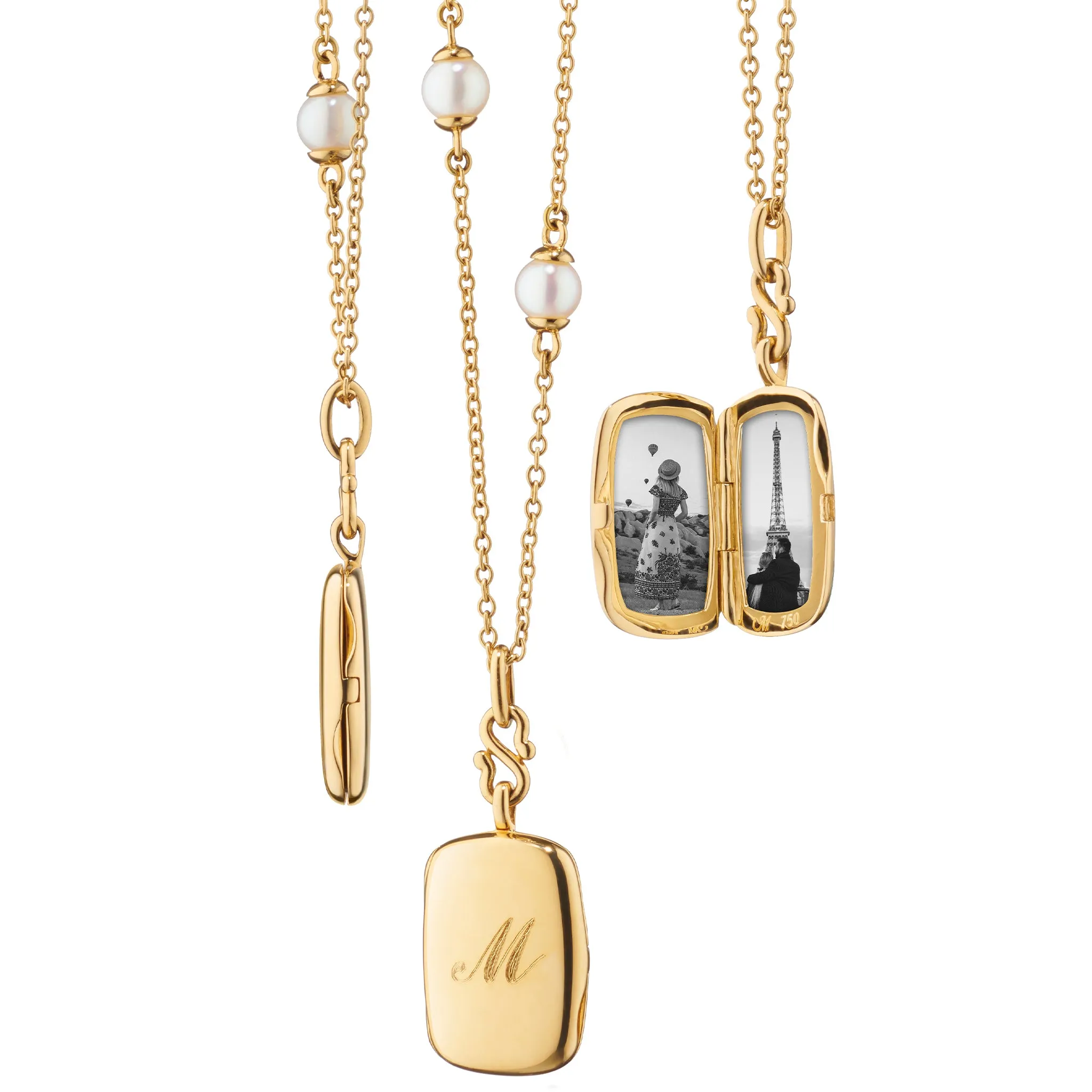 Slim "Britt" 18K Gold Locket Necklace on Pearl Chain