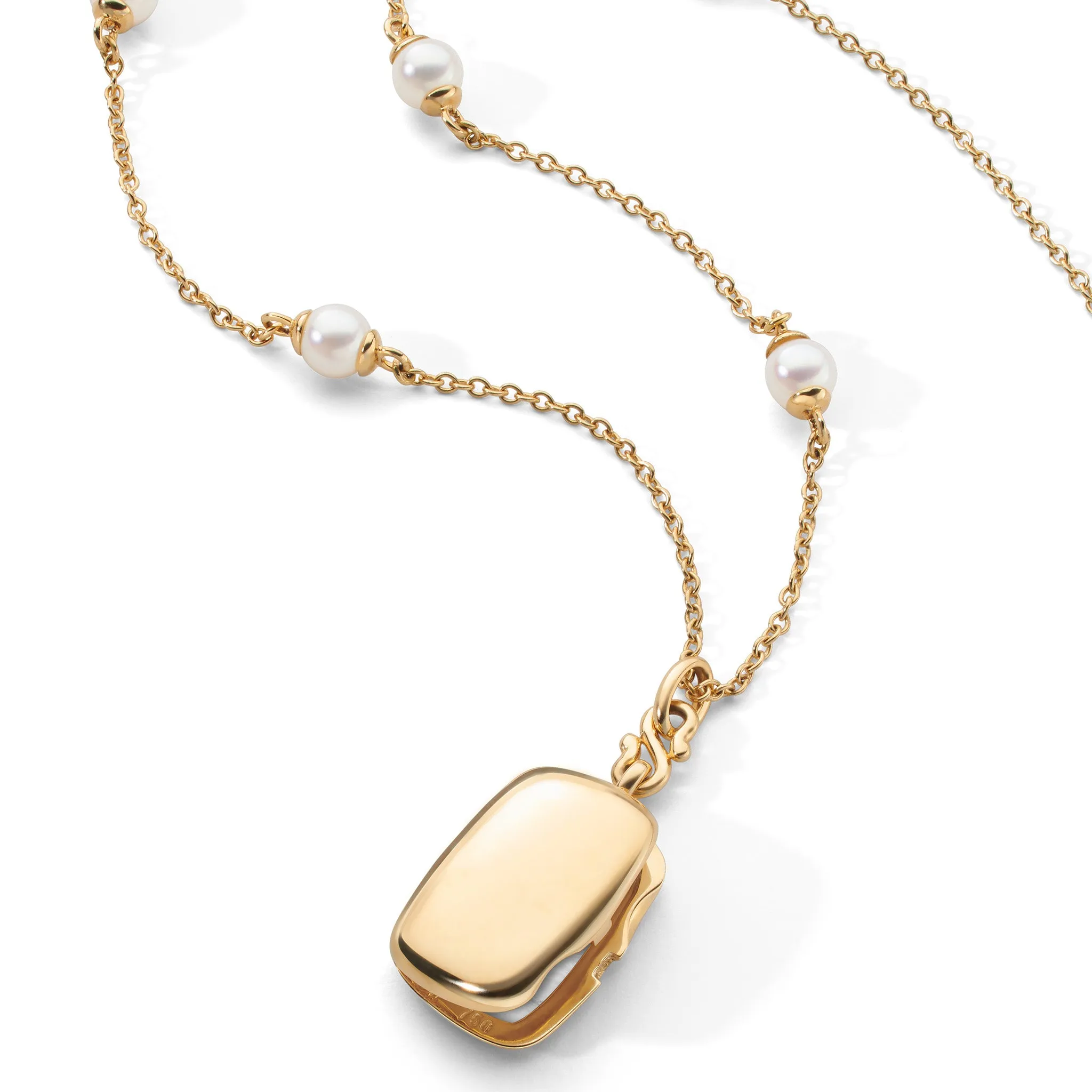 Slim "Britt" 18K Gold Locket Necklace on Pearl Chain