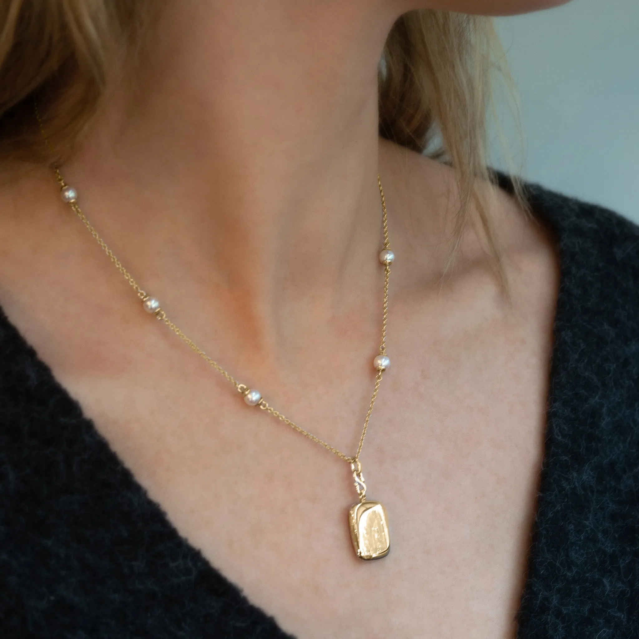 Slim "Britt" 18K Gold Locket Necklace on Pearl Chain
