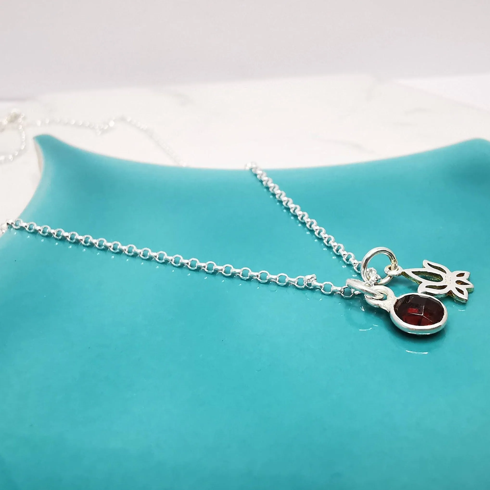 Sterling Silver Lotus Flower and Gemstone Necklace
