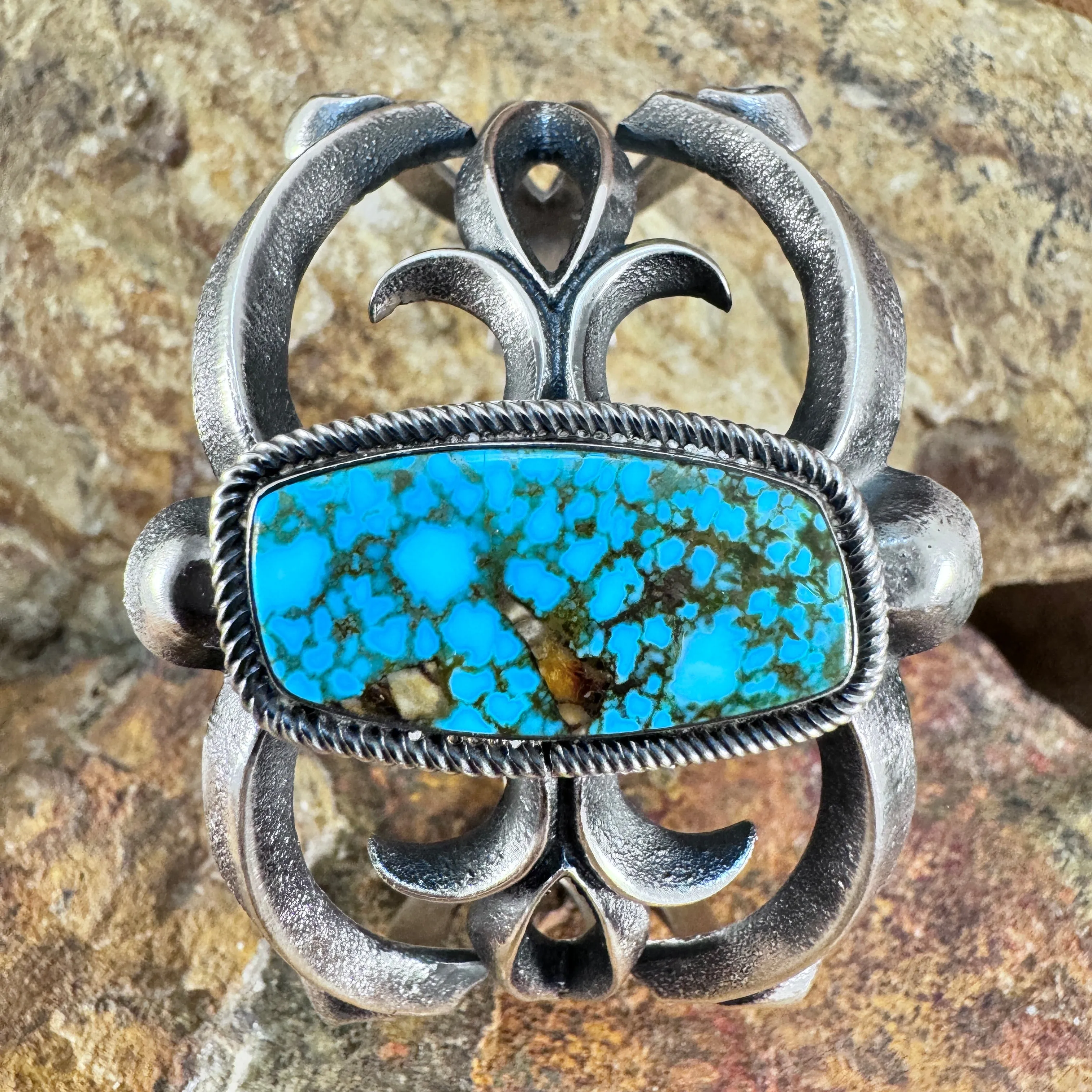 Sterling Silver Openwork Cuff Bracelet with Royston Turquoise by Aaron A
