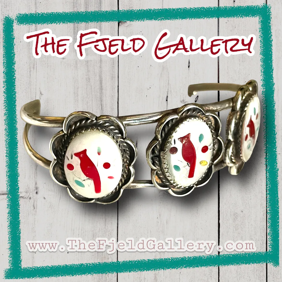 Sterling Silver Zuni 3 Cardinal Bird Inlay Cuff Bracelet