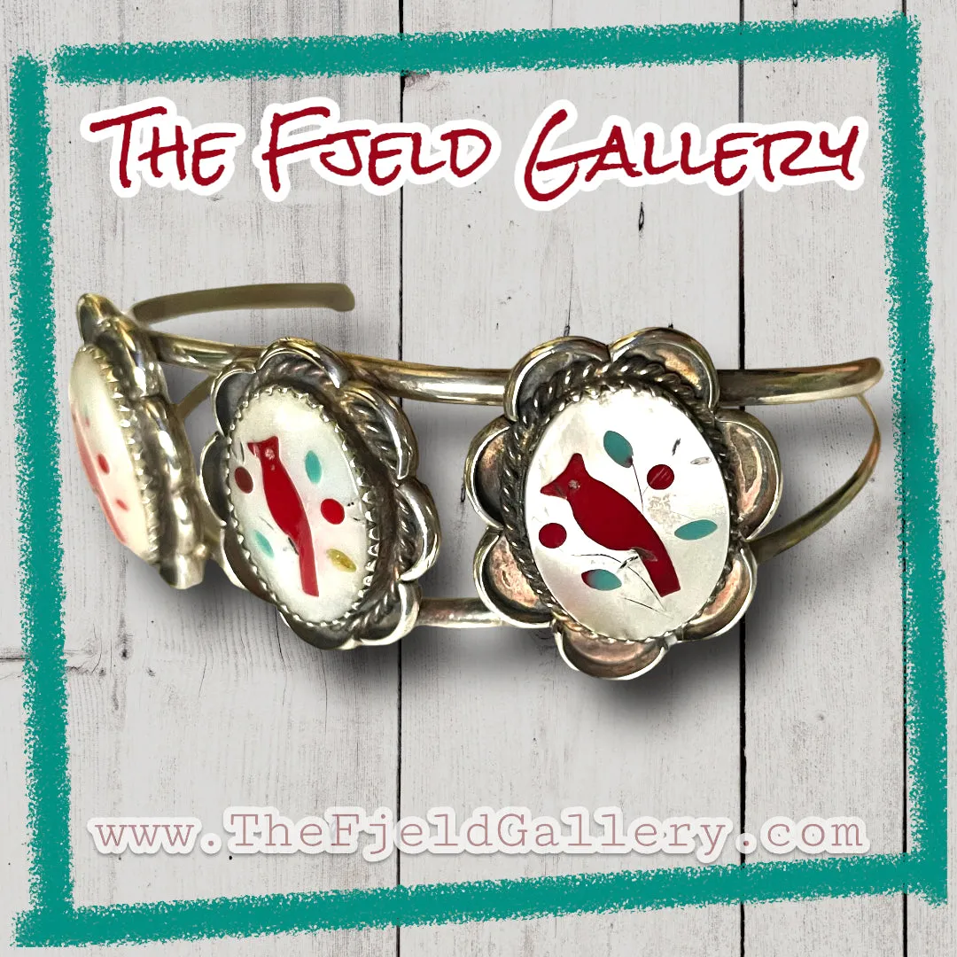 Sterling Silver Zuni 3 Cardinal Bird Inlay Cuff Bracelet