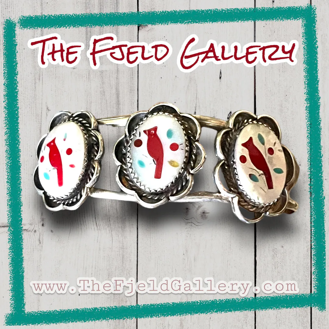 Sterling Silver Zuni 3 Cardinal Bird Inlay Cuff Bracelet
