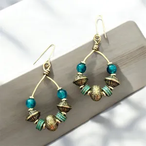 Teal and Gold Hoop Wire Wrapped Earrings