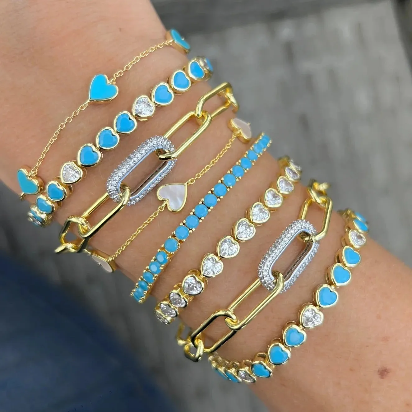Turquoise CZ Bezel Heart Tennis Bracelet
