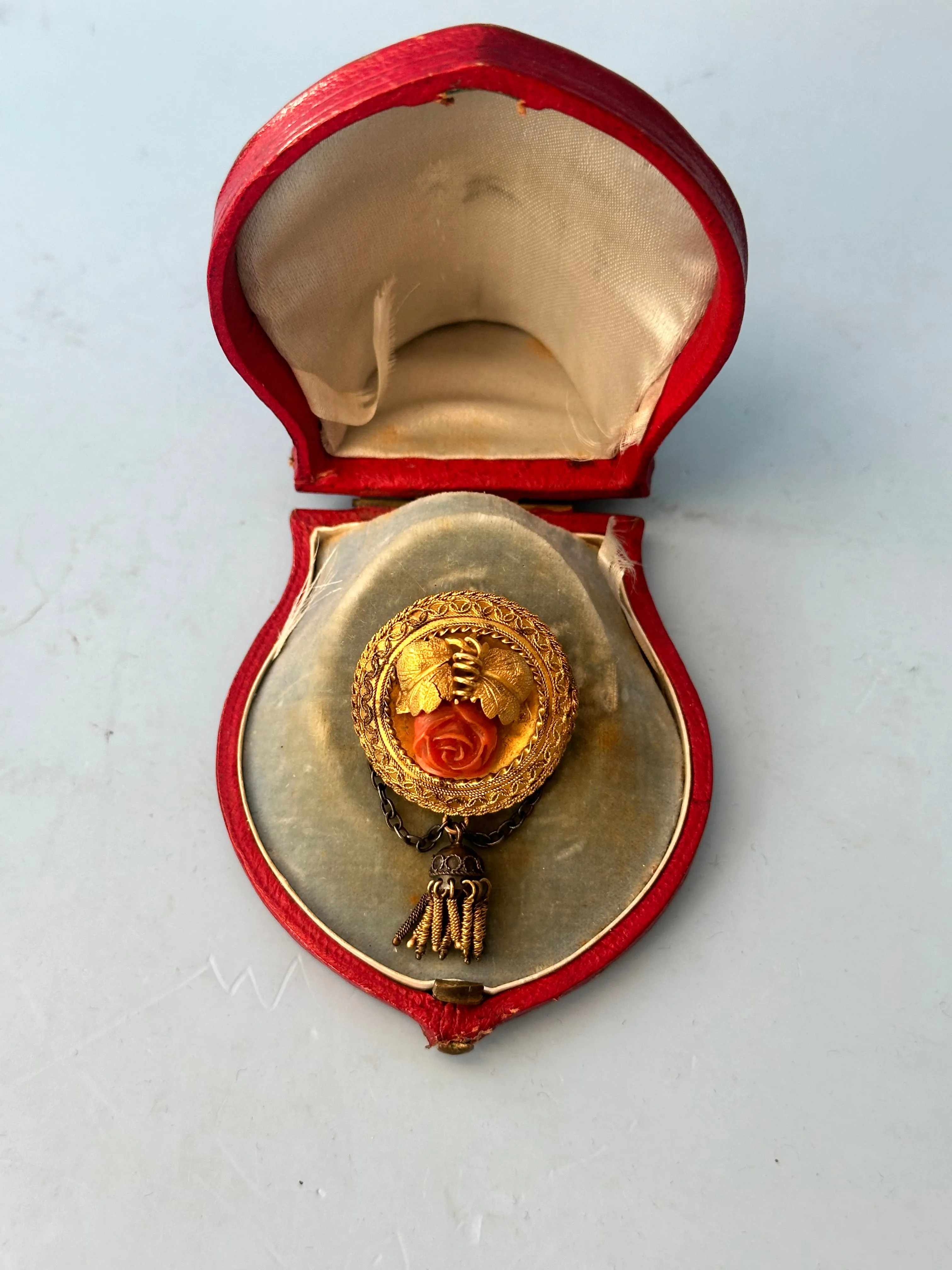 Victorian Brooch Pin. 14k Yellow Gold with Carved Coral Rose. Late 19th Century
