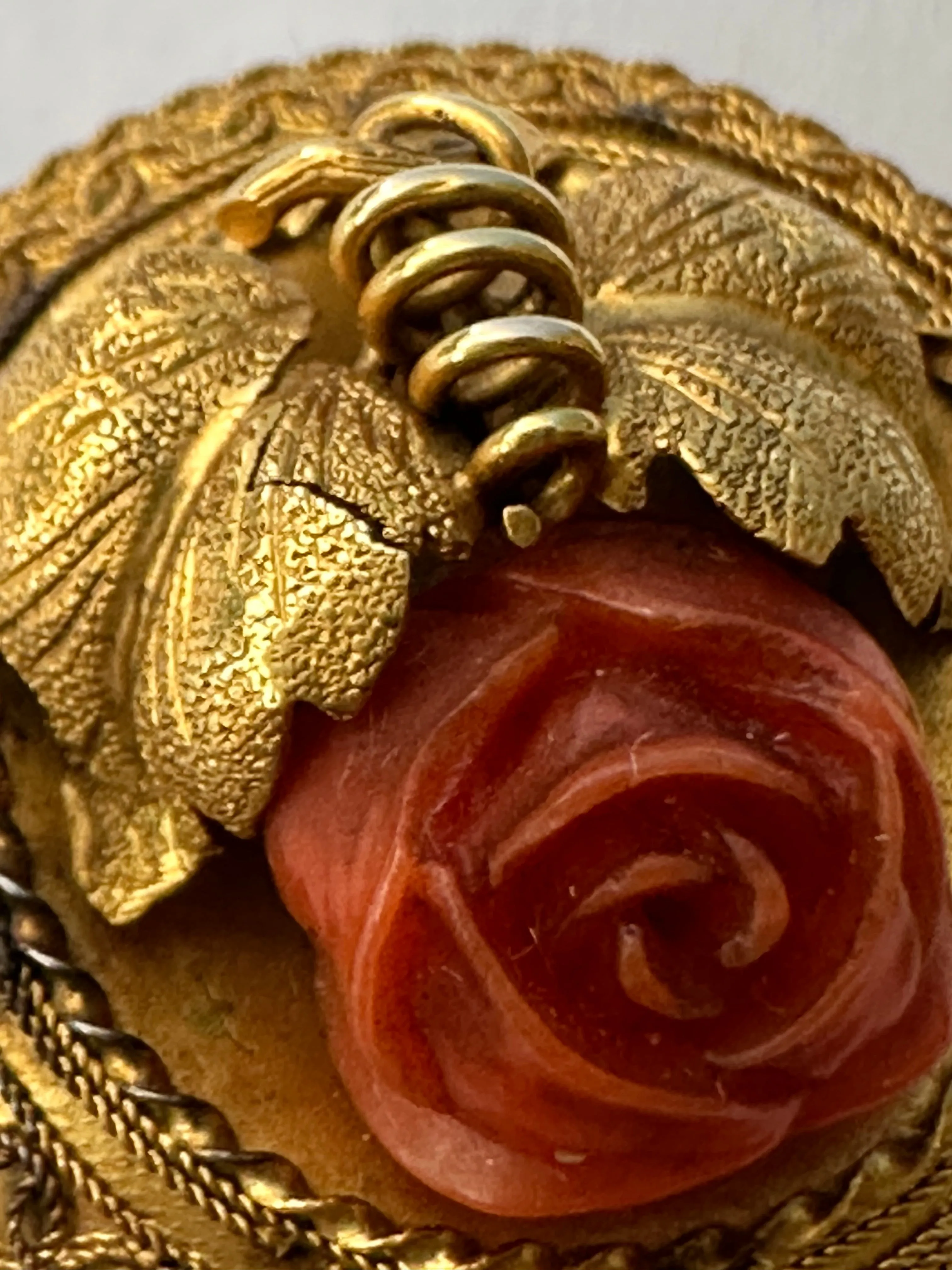 Victorian Brooch Pin. 14k Yellow Gold with Carved Coral Rose. Late 19th Century