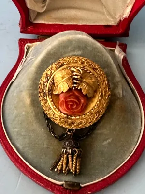 Victorian Brooch Pin. 14k Yellow Gold with Carved Coral Rose. Late 19th Century