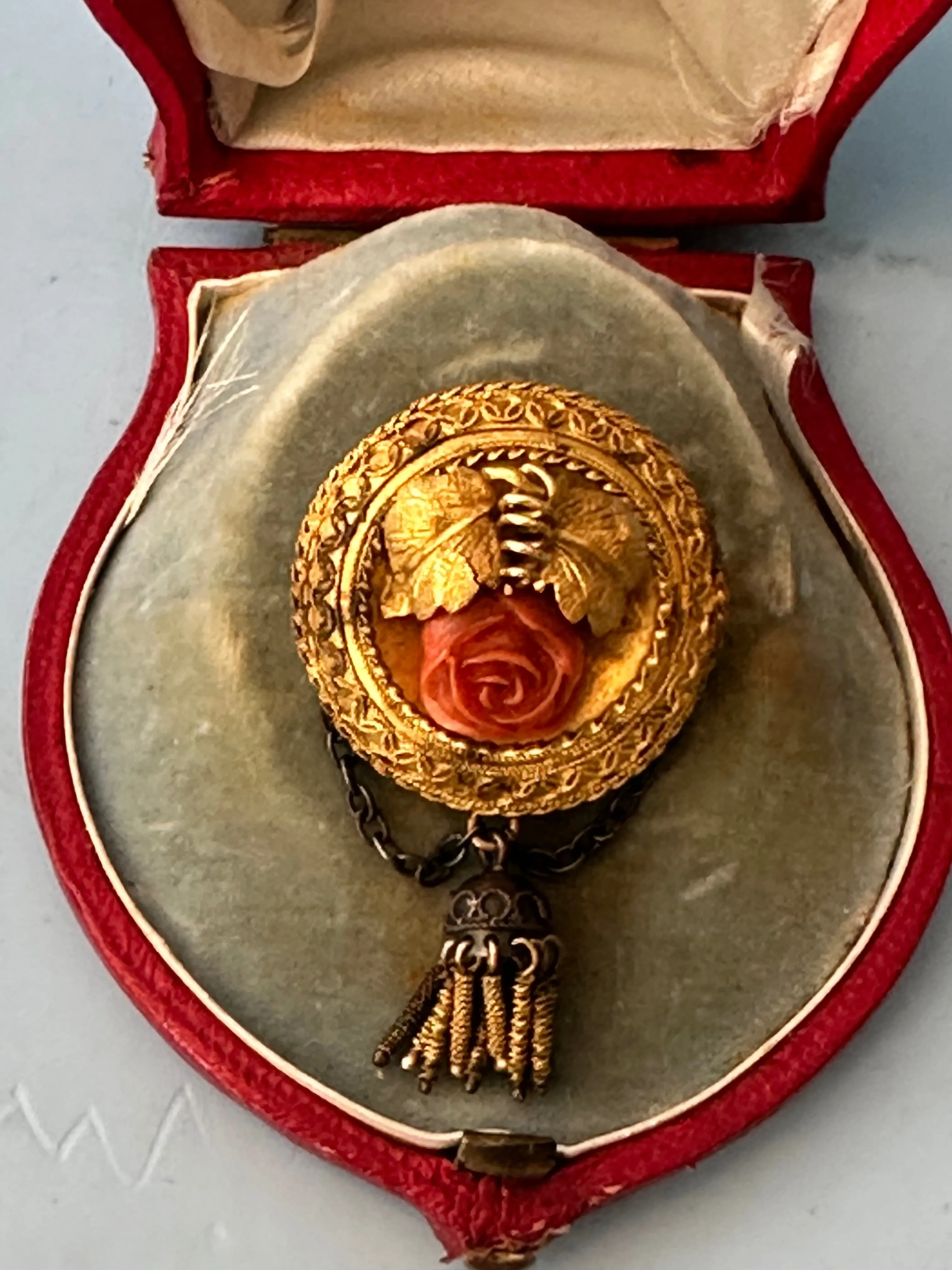 Victorian Brooch Pin. 14k Yellow Gold with Carved Coral Rose. Late 19th Century
