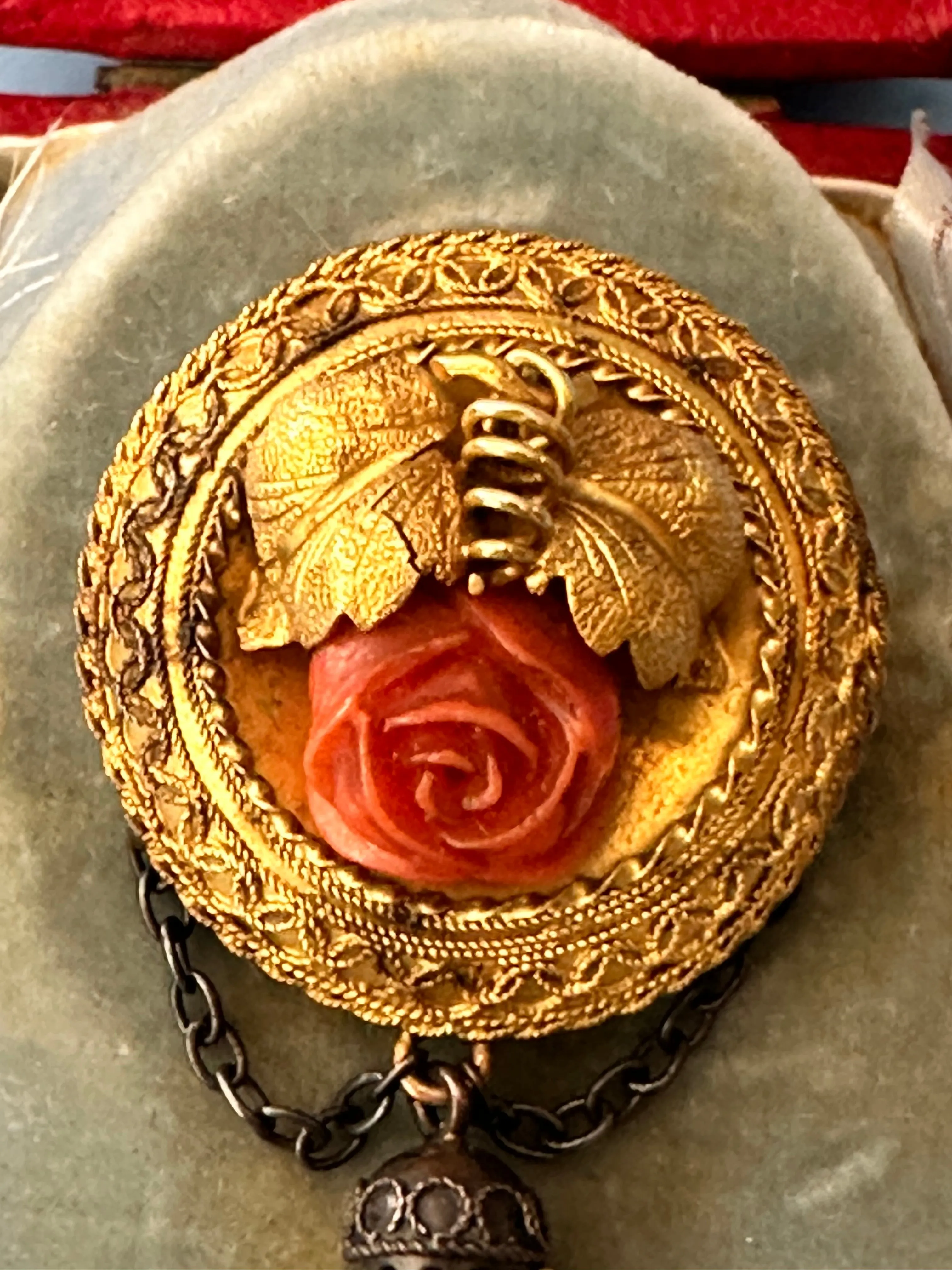 Victorian Brooch Pin. 14k Yellow Gold with Carved Coral Rose. Late 19th Century