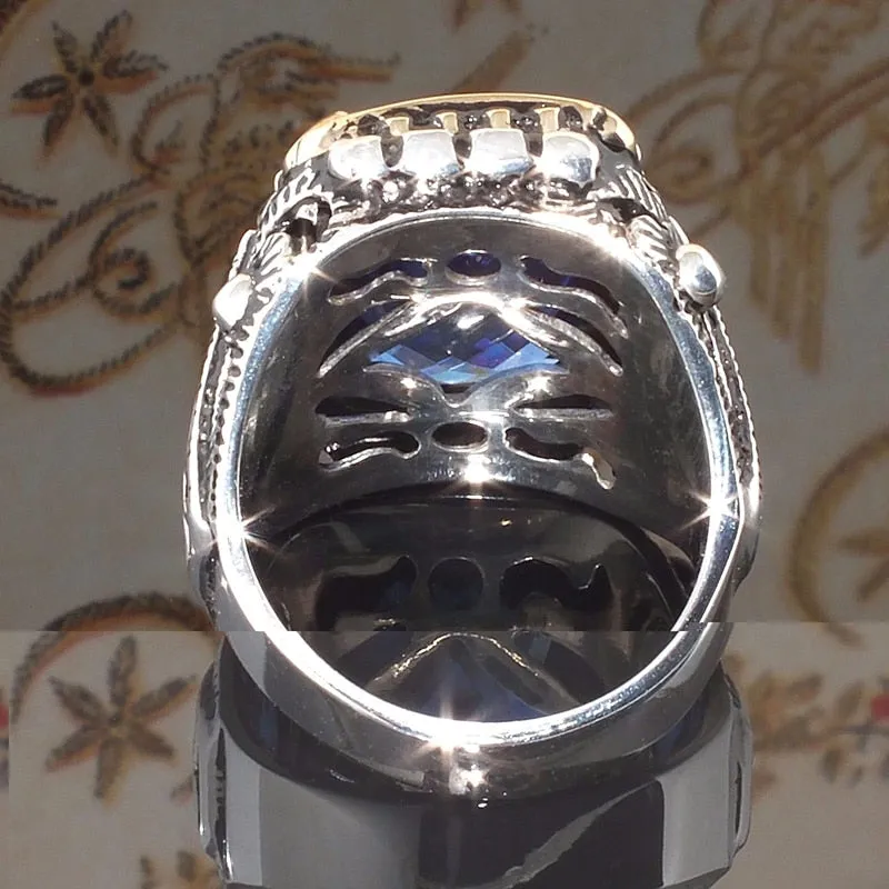 Vintage Punk Large Blue Stone Rings Hip Hop  Carved Geometric Cut Zircon Finger Rings For Men's