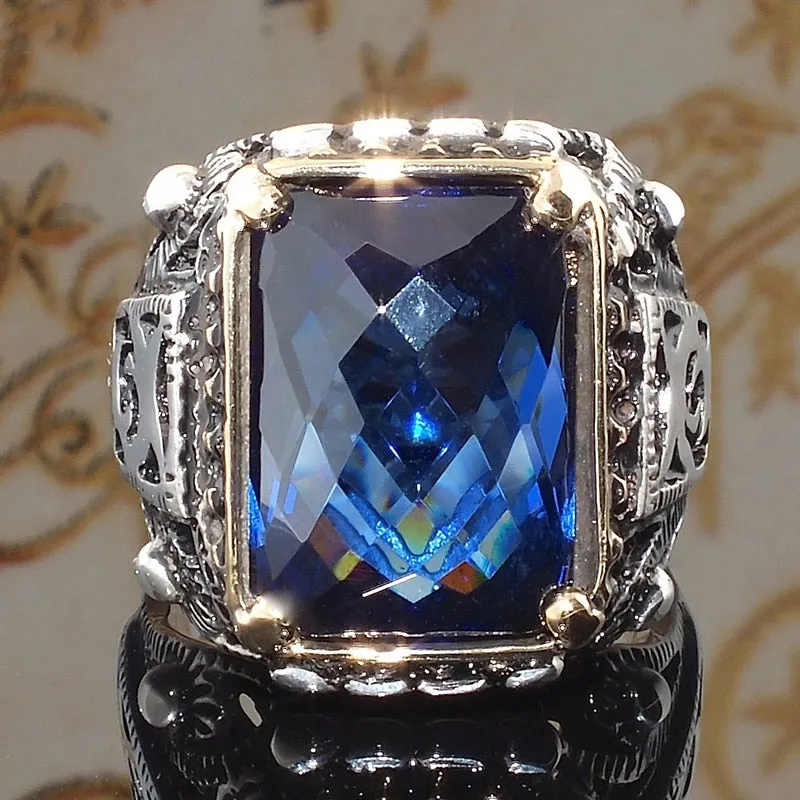 Vintage Punk Large Blue Stone Rings Hip Hop  Carved Geometric Cut Zircon Finger Rings For Men's