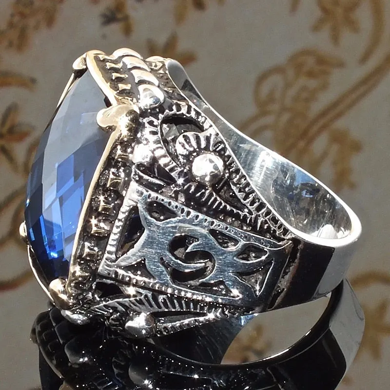 Vintage Punk Large Blue Stone Rings Hip Hop  Carved Geometric Cut Zircon Finger Rings For Men's