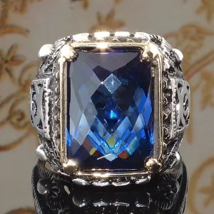 Vintage Punk Large Blue Stone Rings Hip Hop  Carved Geometric Cut Zircon Finger Rings For Men's