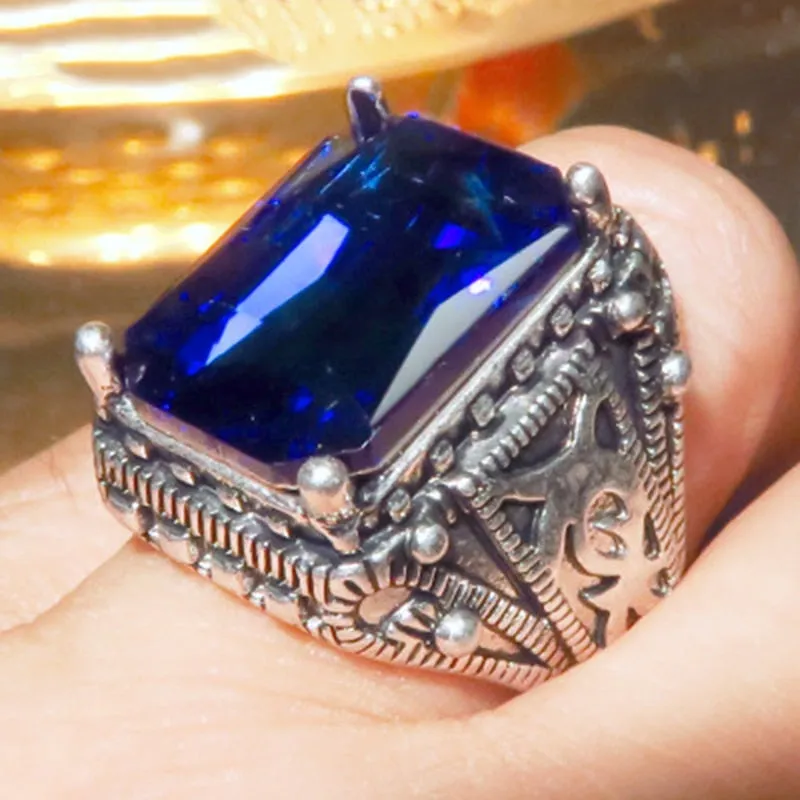 Vintage Punk Large Blue Stone Rings Hip Hop  Carved Geometric Cut Zircon Finger Rings For Men's