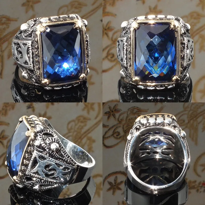 Vintage Punk Large Blue Stone Rings Hip Hop  Carved Geometric Cut Zircon Finger Rings For Men's