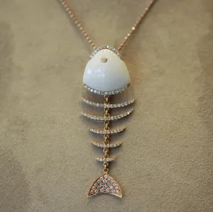 White Onyx Diamond Gold Fish-Bone Pendant Necklace