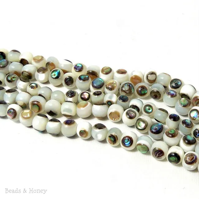White Troca Shell with Abalone Shell Inlay Round 6mm (8-Inch Strand)