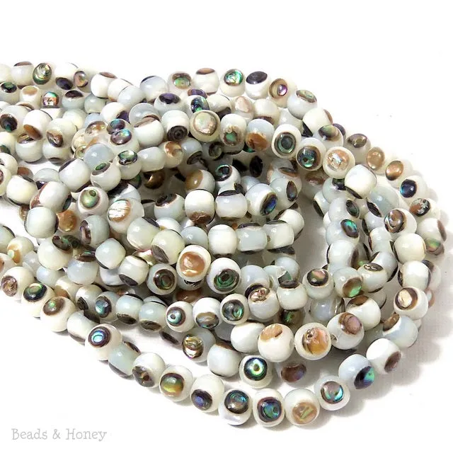 White Troca Shell with Abalone Shell Inlay Round 6mm (8-Inch Strand)