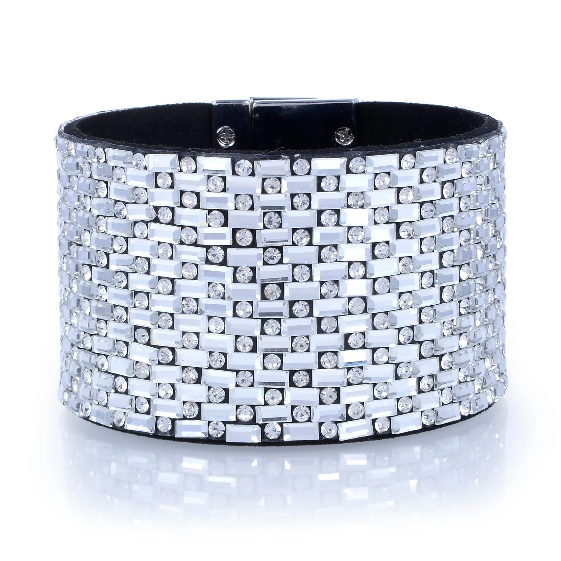 Wide Strand Bracelet Leather Baguette Gemstone Bead White With Twist Clasp