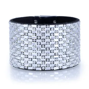 Wide Strand Bracelet Leather Baguette Gemstone Bead White With Twist Clasp