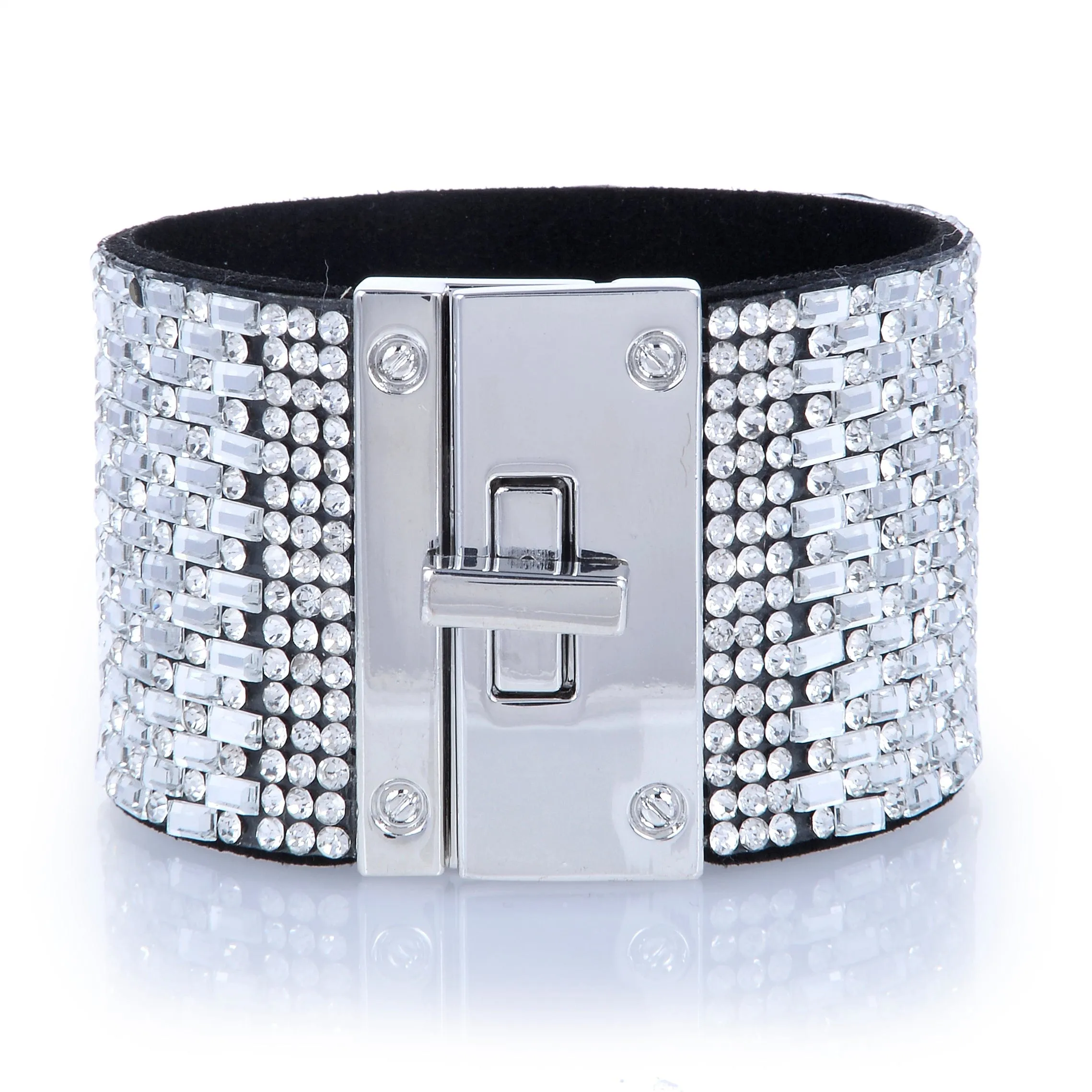 Wide Strand Bracelet Leather Baguette Gemstone Bead White With Twist Clasp