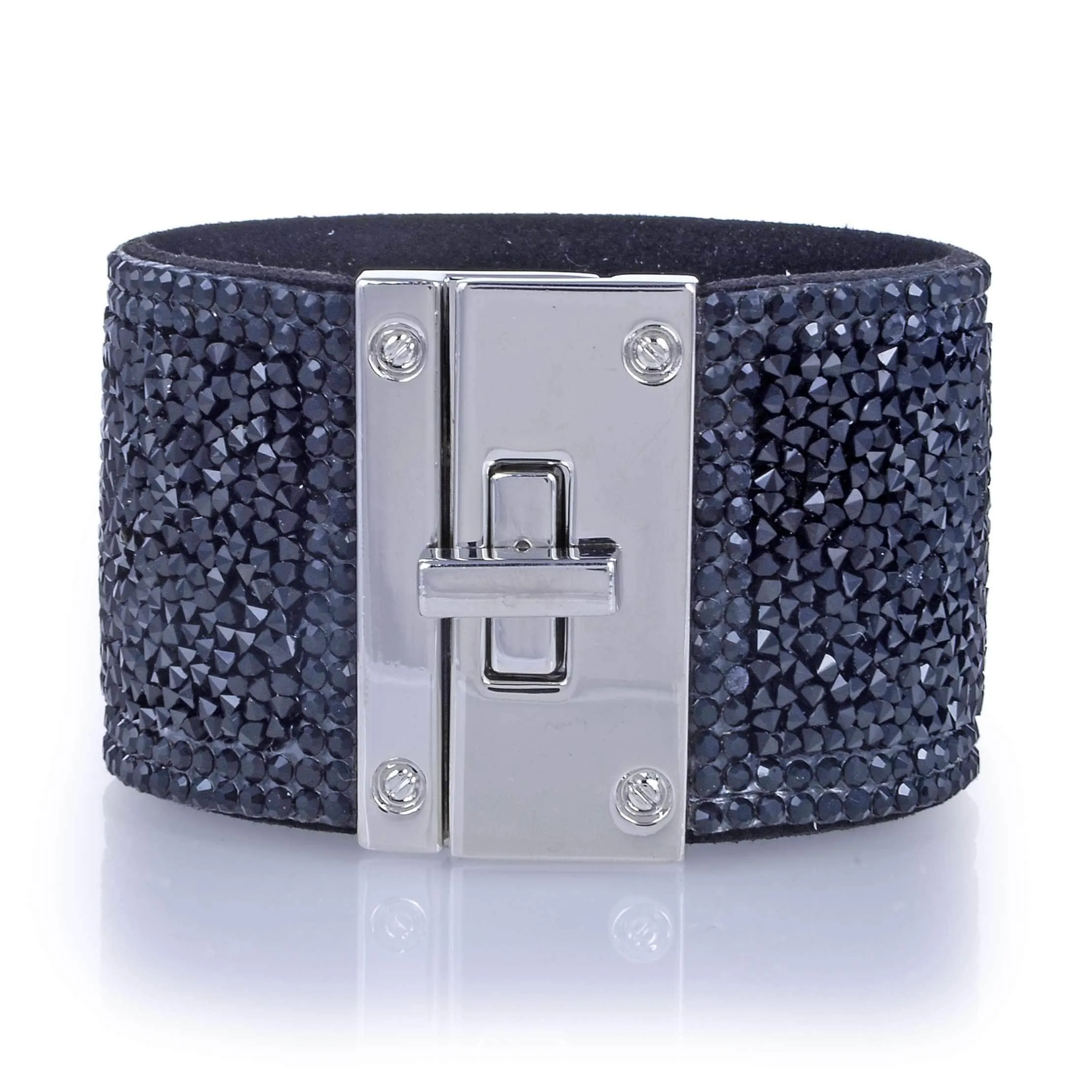 Wide Strand Bracelet Leather Gemstone Bead Black With Twist Clasp
