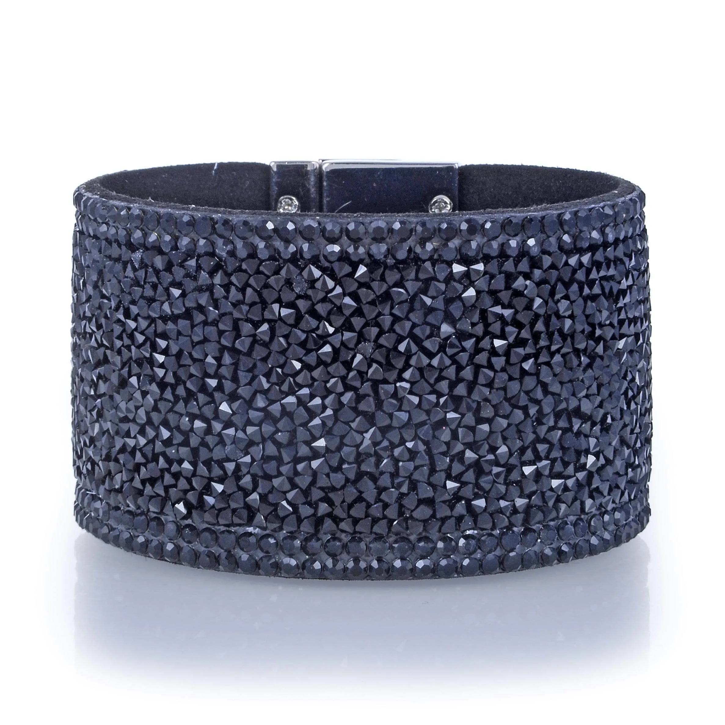 Wide Strand Bracelet Leather Gemstone Bead Black With Twist Clasp