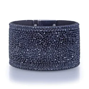 Wide Strand Bracelet Leather Gemstone Bead Black With Twist Clasp