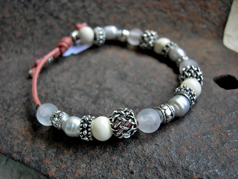 Winter White Adjustable Slide Bracelet, Pearl, Quartz & Silver